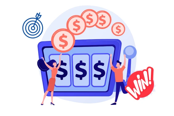 A blue slot machine with cheering people and coins.